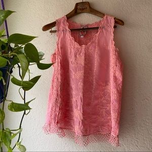 Johnny Was Embroidered Coral Mermaid Lace Tank L